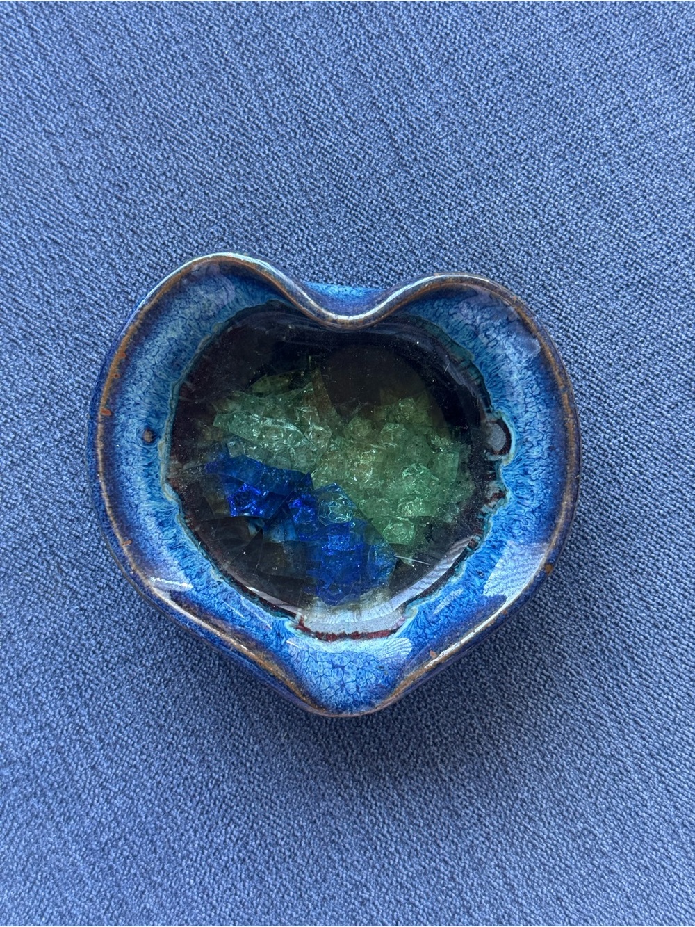Blue Green Glossy Glazed Pottery Heart Ceramic Trinket Dish, 1 Compartment